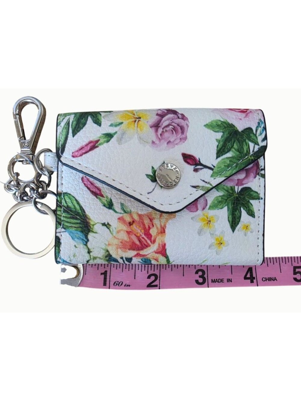 Steve Madden Floral Mini Wallet Keychain Card Holder – Snap Closure, Cream Multi - Picture 6 of 8